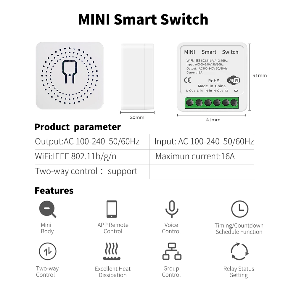 Mini 16A 10A 220 فولت تيار متردد تطبيق Google Home Tuya مفتاح WiFi ذكي للتحكم عن بُعد اللاسلكي