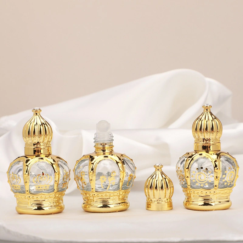 Rodillo de botella de Perfume de vidrio 5ml 10ml Crown Plastic Head Gold Los tapones se enrollan en el envase de aceite esencial envase de cuidado de la piel