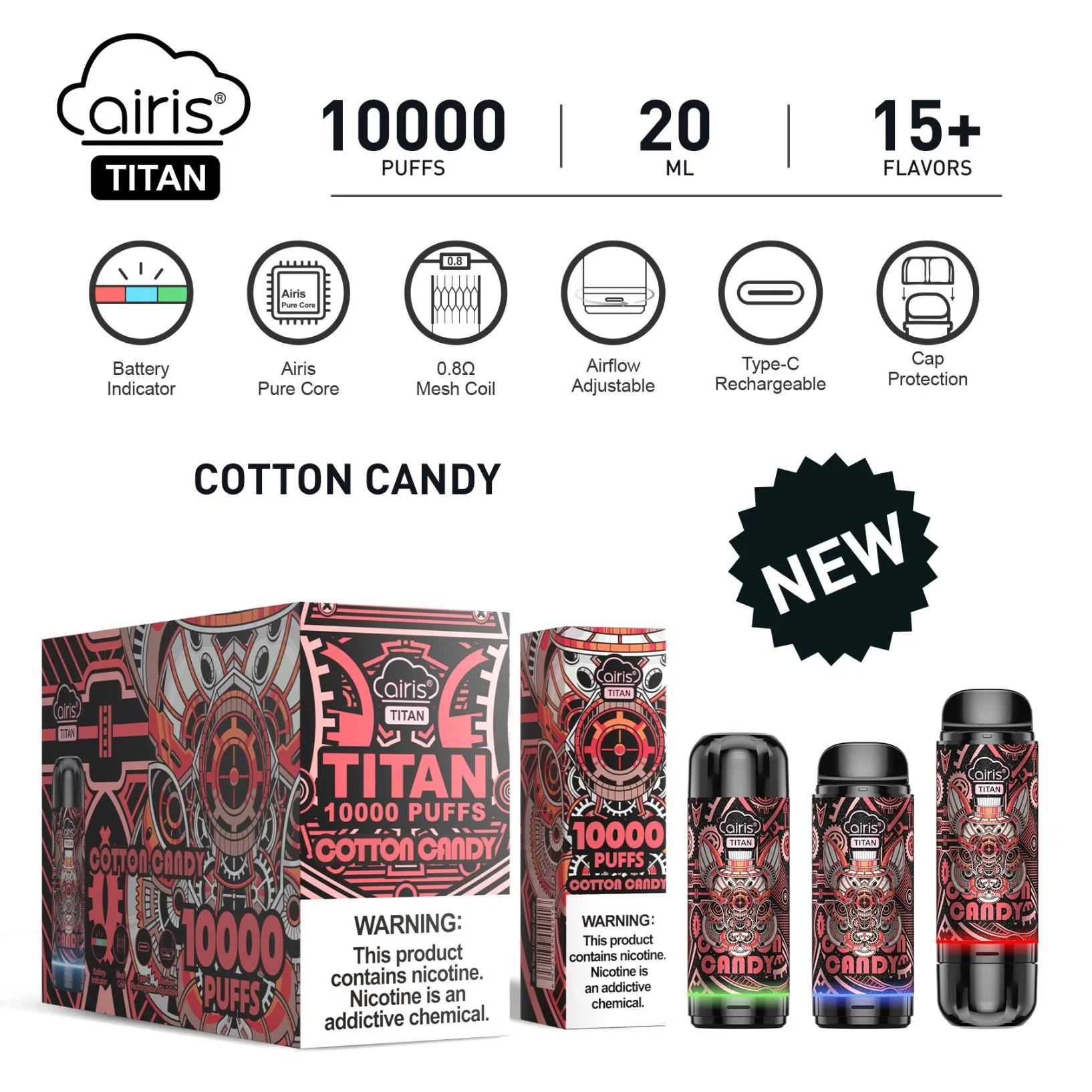 Airis Titan E Zigarette Airflow 10000 10K Puffs Wiederaufladbare Einweg Vapor Puff Bar Mit Mesh-Einsatz Für Vape Pen