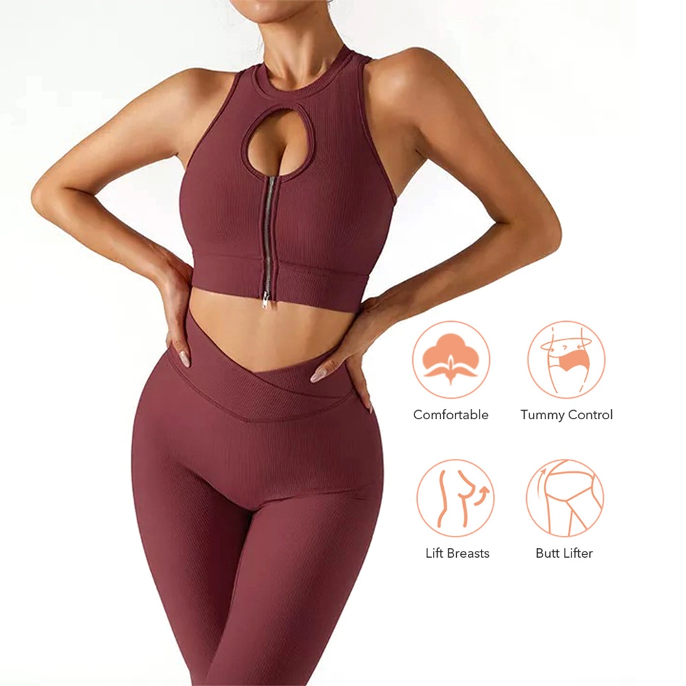 Tianchen Factory Custom Luxury and Sexy Ribbed Gym Wear for Ladies, 2/3/4 PCS Womens Zip up Fitness Top + Cross Waist Yoga Shorts Leggings Fashion Sportswear