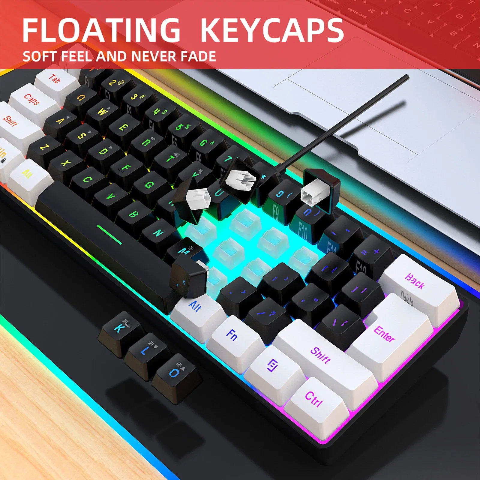 Nuevo teclado de juegos mini de 61 teclas con sensación mecánica, adecuado para computadoras portátiles y escritorios