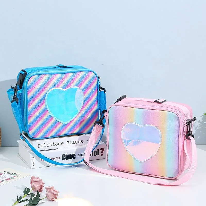 New Glitter Laser Picnic Simple Shoulder Bag Rainbow Color Thermal Bento Bag Polyester Thermal Box Lunch Bag for Kids