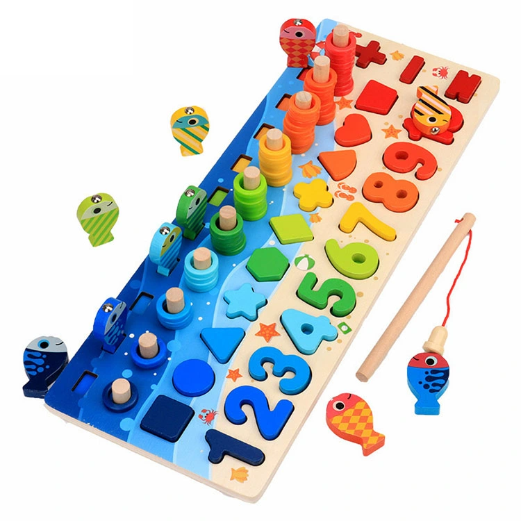 Wooden Assembly Digital Building Blocks Fishing Game Educational Matching Teaching Toy