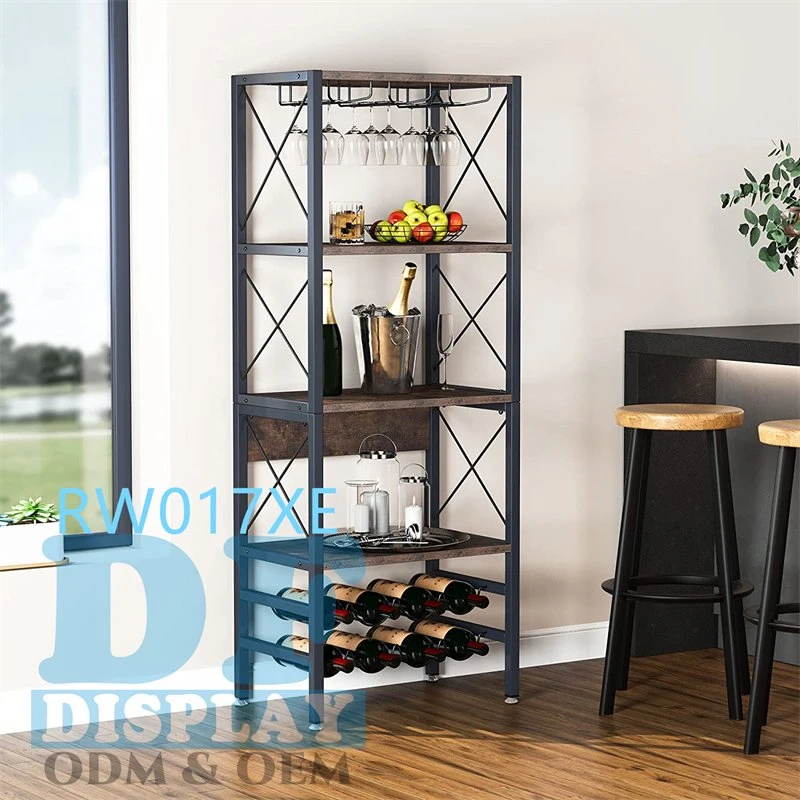 Wine Bakers Rack, 4-Tier Industrial Wine Rack Freestanding Floor with Glass Holder and Wine Storage, Wine Bar Cabinet with Storage Wooden Wine Display Rack