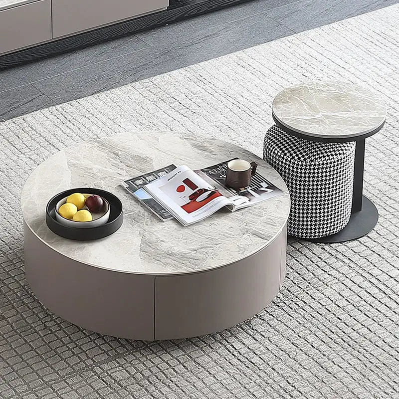 Modern Size Round Coffee Table Set with Stool, Wooden Rock Slab Retractable Marble Coffee Table TV Cabinet