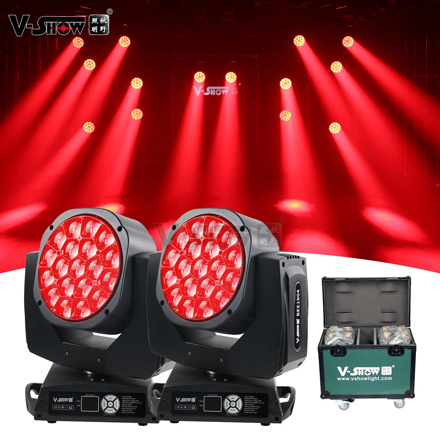 V-Show 2PCS with Case Bee Eye Wash 19*15 Watt RGBW 4 in 1