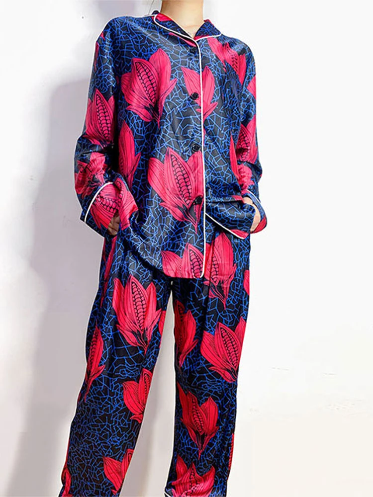 African Print Satin Fabric Fashion Sexy 2 Pieces Long Sleeve Pajamas Women Sleepwear