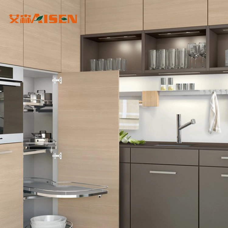 Two-Tangle Style Wooden Grain and Matt Brown Lacquer Kitchen Cabinet Designs Features LED Open Shelf