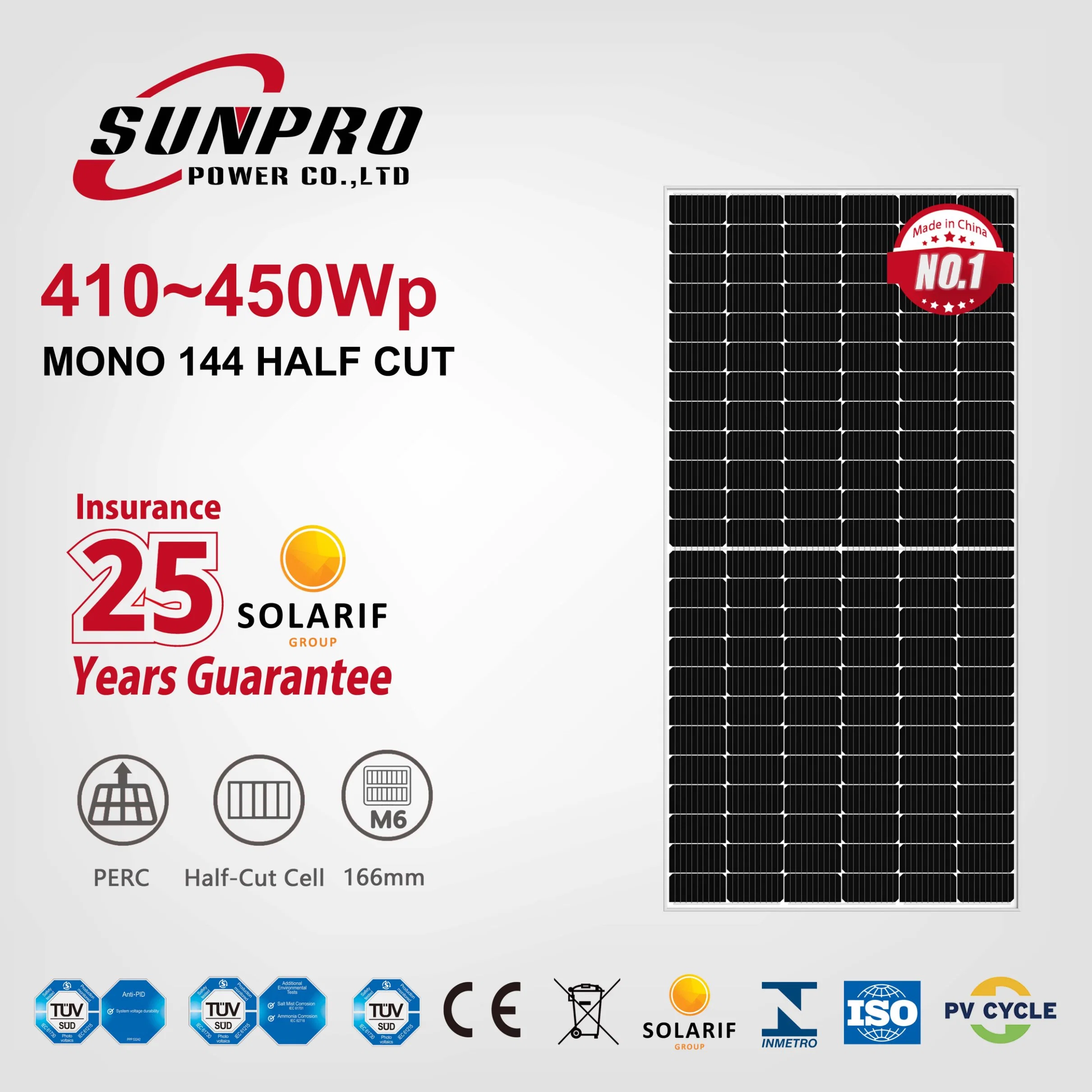 Sunpro Power 440W 445W 450W 455W 460W Painel Solar Monocristalino de 166mm M6 Half Cut 72/144 Células Mono PV Energia Potência