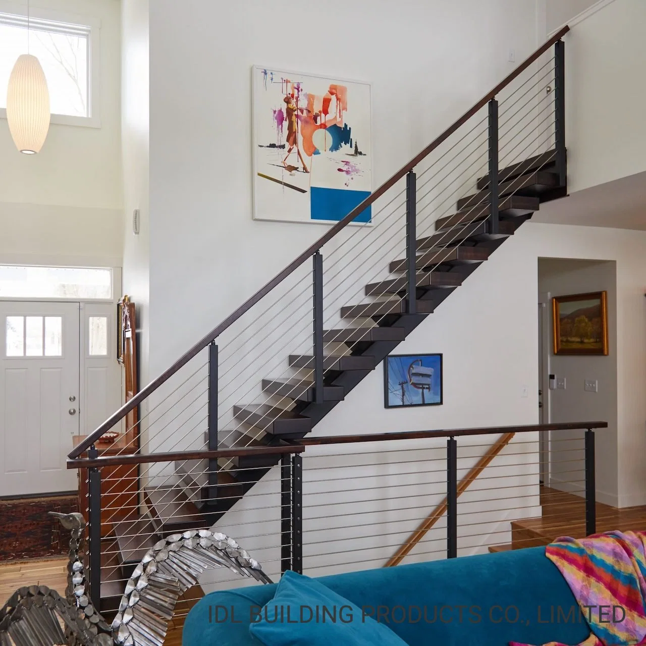 America Style Prefabricated Stainless Steel Floating Wood Stairs with Steel Beam Cost and Solid Wood Steps Indoor Straight Staircase