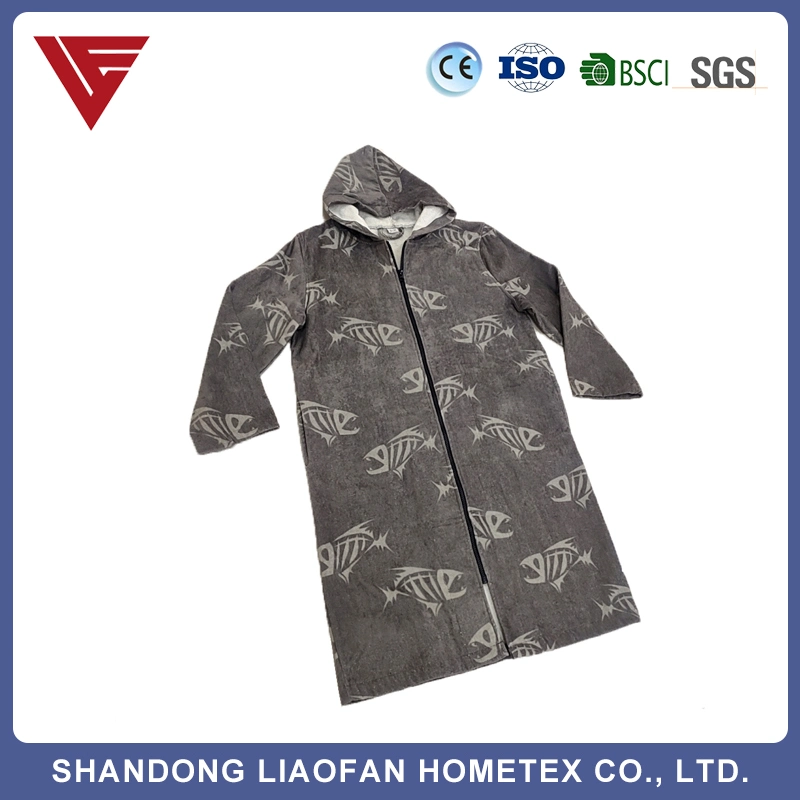 High Quality Cotton Velour Print Hooded Bathrobe Pajama Roe for Men