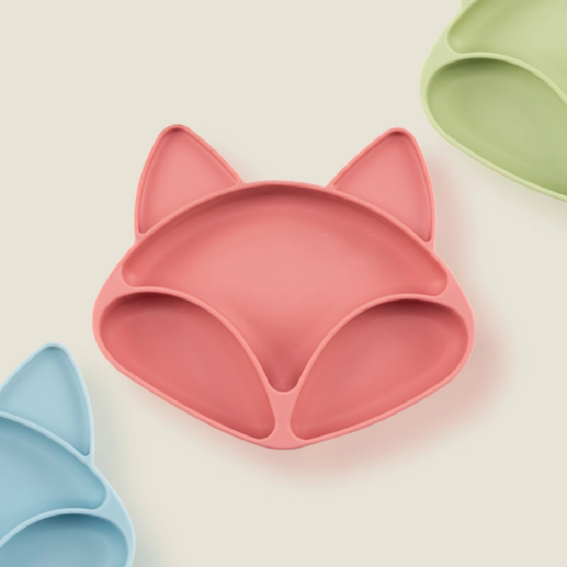 Cute Little Fox prato de jantar em silicone compartimentalizado com ventosa Taça de comida complementar de silicone para bebé