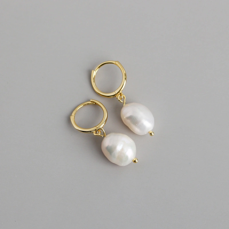 925 Sterling Silver 18K Gold Plated Irregular Baroque Fresh Water Pearl Drop Earrings