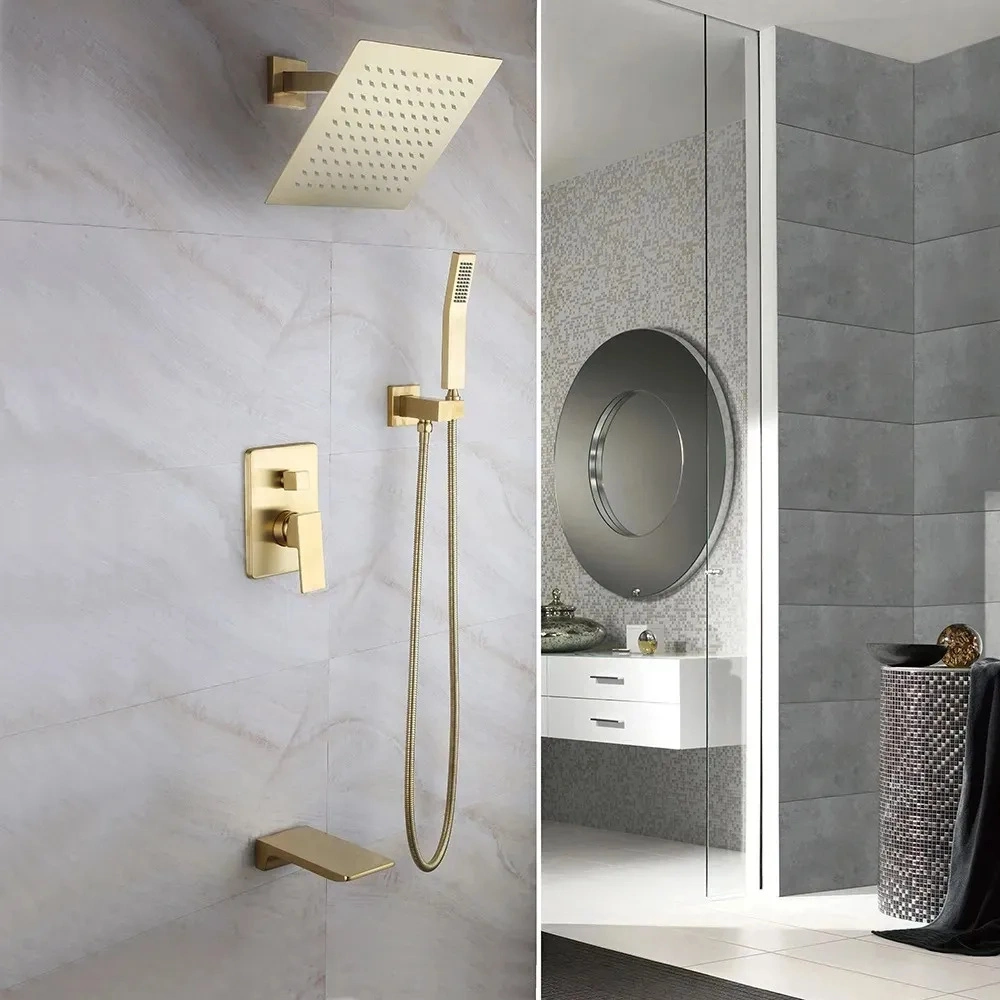 Luxury Modern Design Brushed Gold Square Shape Three Functiones Thermostatic Concealed Shower Mixer Set