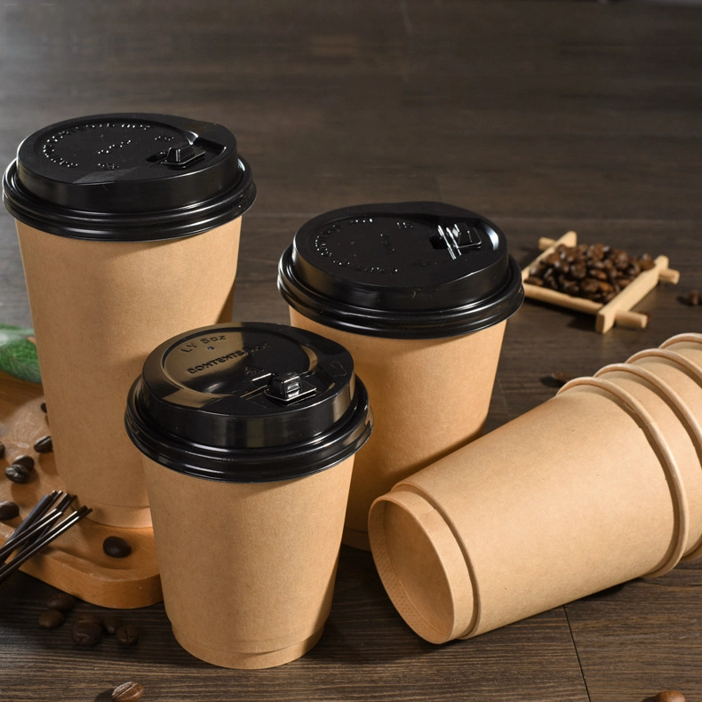 8oz 12oz 16oz Disposable Customized Logo Printing Hollow Double Wall Kraft Paper Coffee Cups with Lid