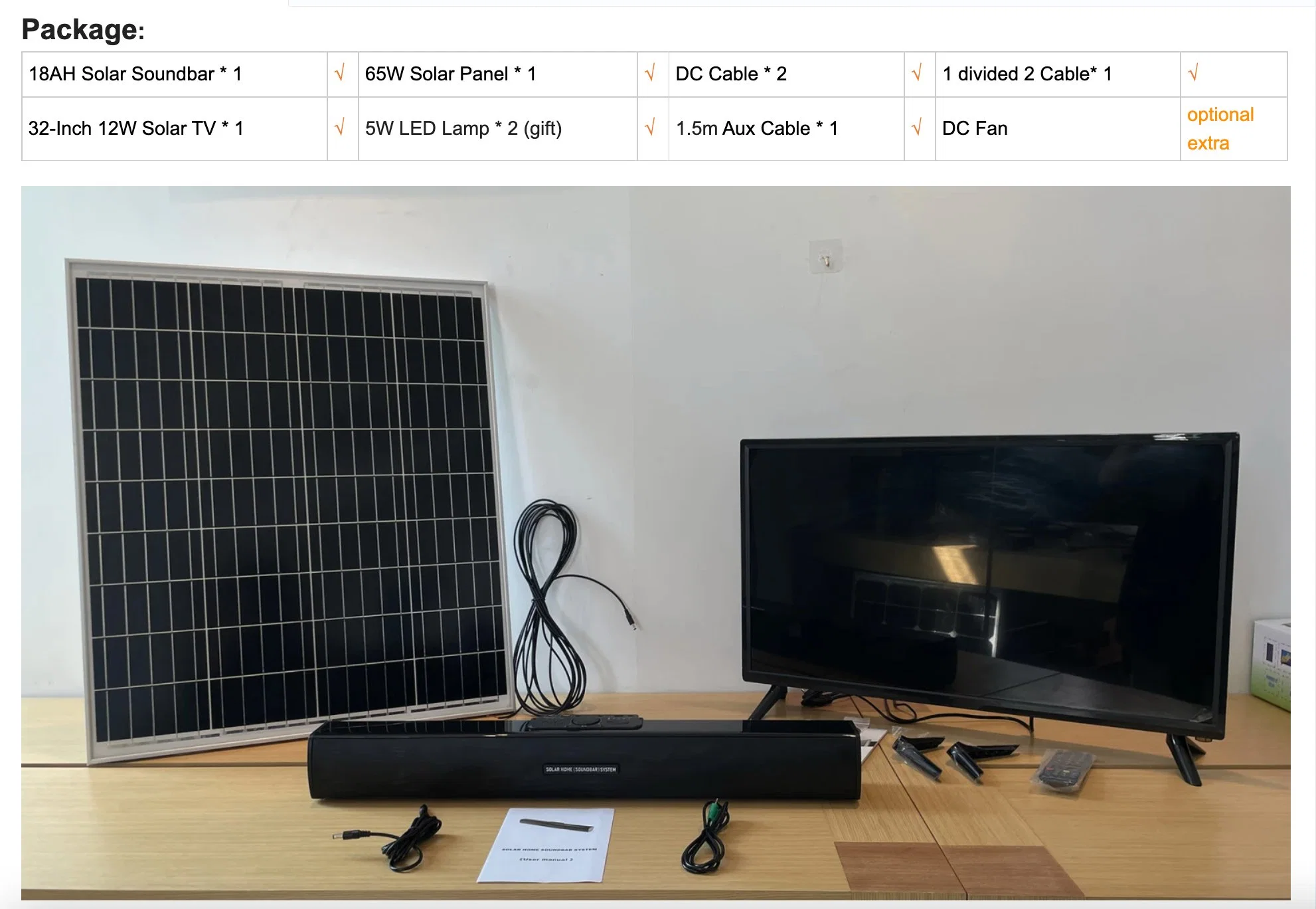 OEM Solar Soundbar TV System for Solar Energy Supply with 32" Solar LED LCD TV+ 22ah Bluetooth Solar Soundbar+ 65W Solar Panel