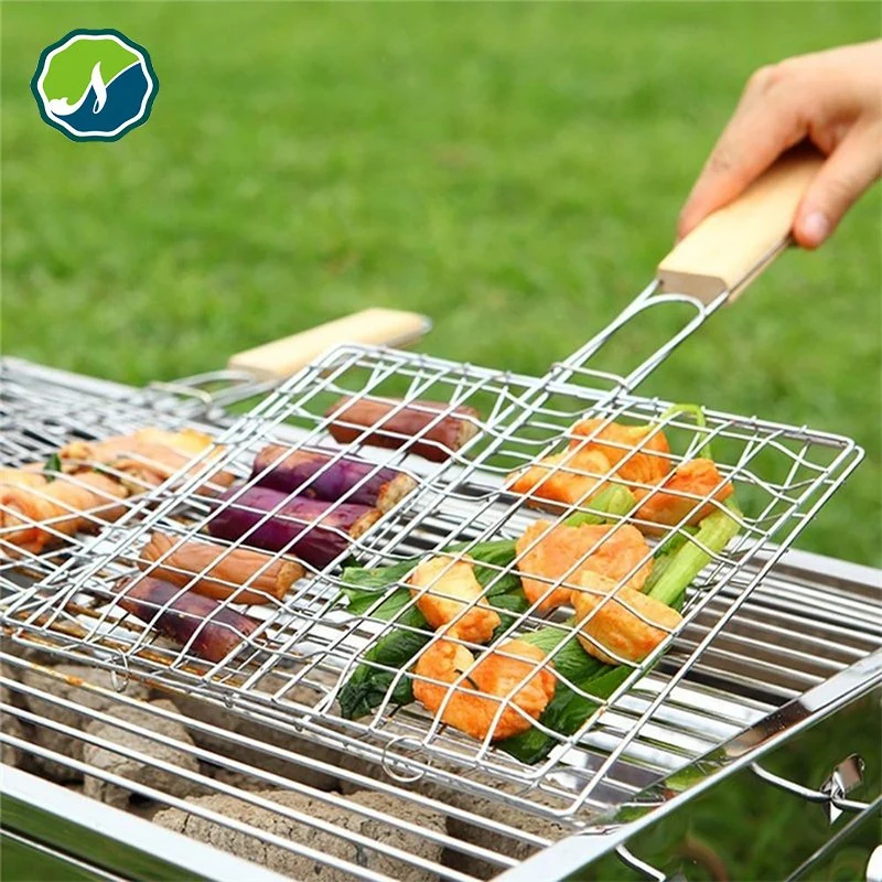 Portable 430 Stainless Steel Vegetable BBQ Grilling Basket with Removable Wooden Handle