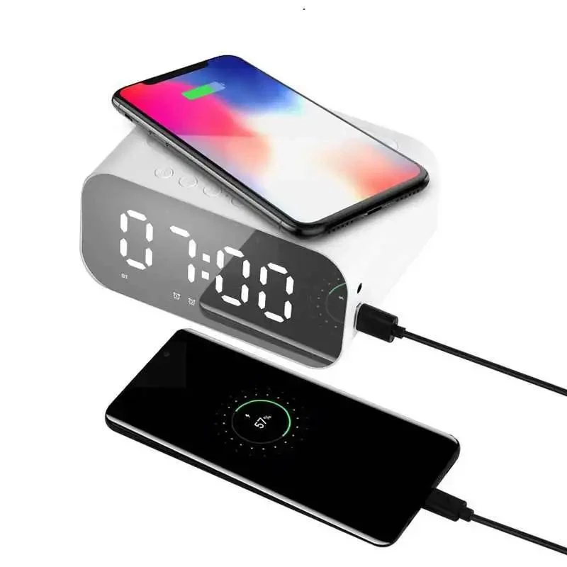 New Desktop Multi Function 10W Mobile Phone Wireless Charging Bt Speaker LED Light Clock Alarm Audio Speaker 510 with FM Aux