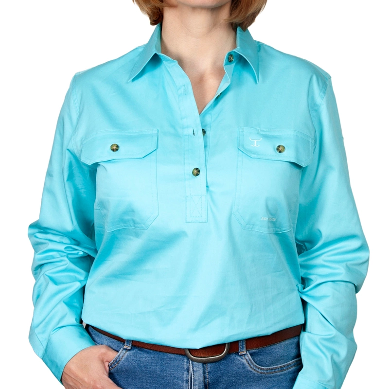 Custom Button Half Placket Shirts with Chest Pocket Woven Long Sleeve Women Shirts