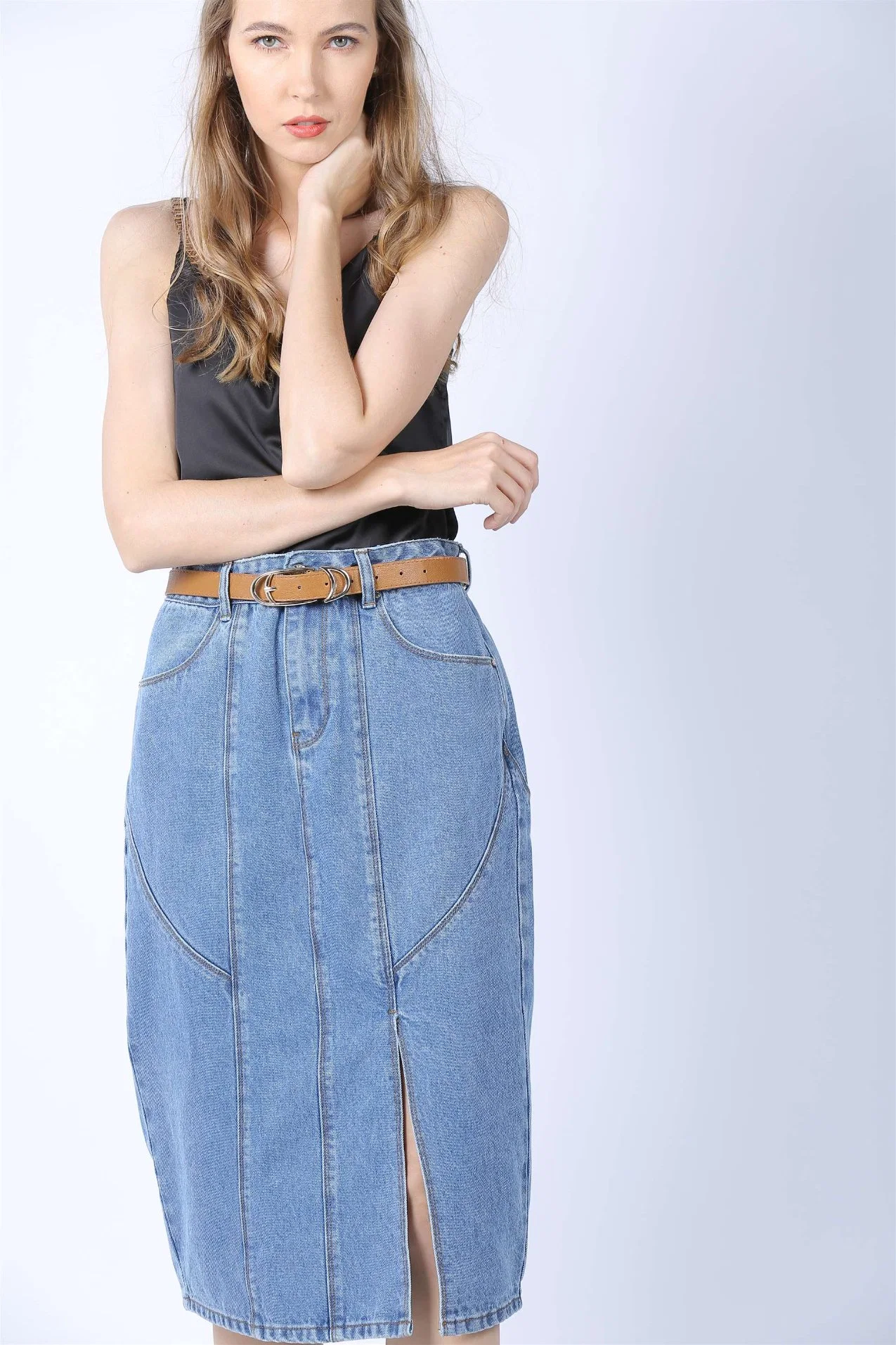 Hot Summer Ladies a-Lined Enzyme Wash Denim Slit Skirts