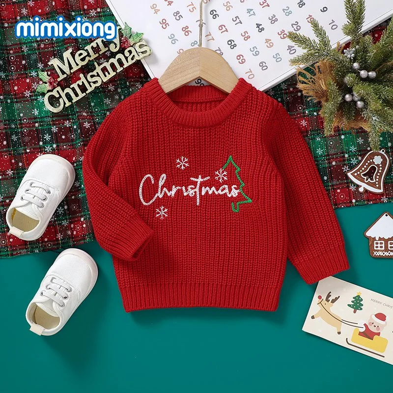 Mimixiong Weihnachten Stickerei Baby Pullover Unisex Langarm Strickpullover Babykleidung