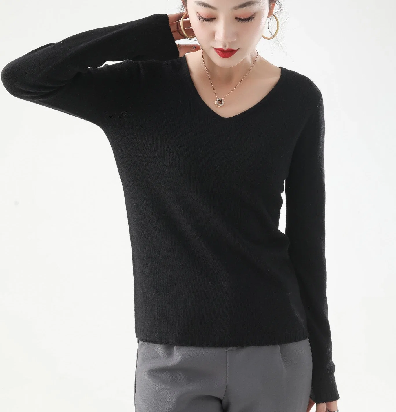 100% Fine Cashmere Ladies Classic Fashion V-Neck Pullover Sweater