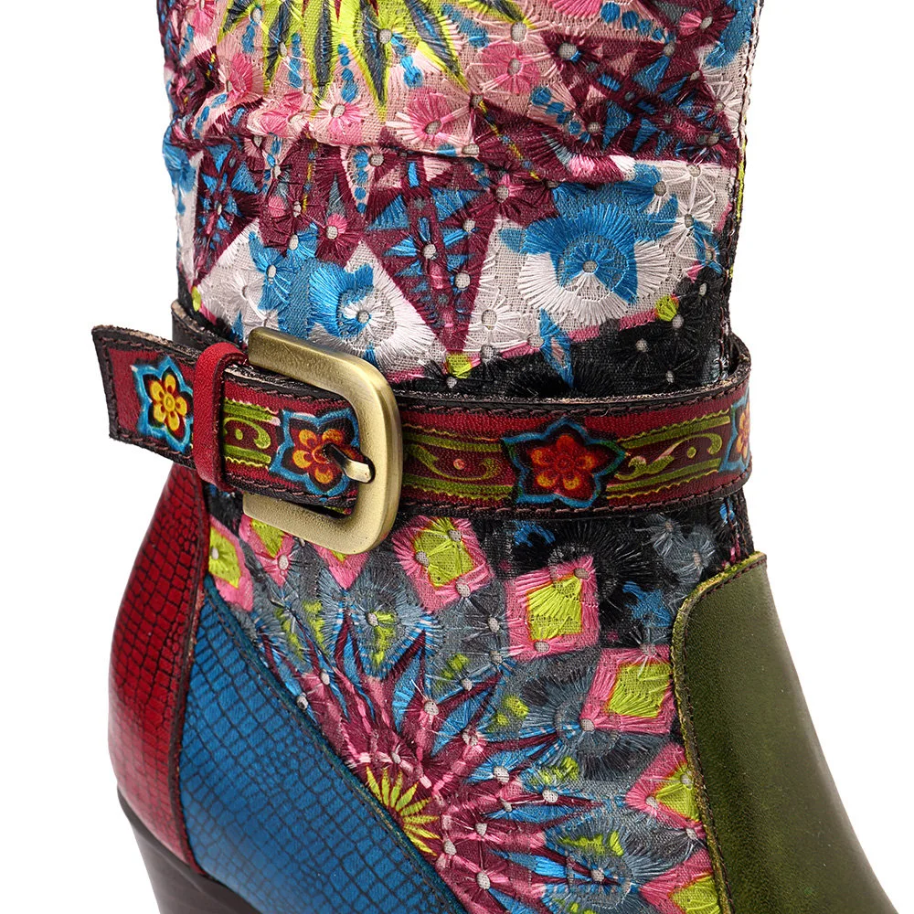 Boho Embossed Leather Long Boots Embroidered Pattern Handmade Shoes