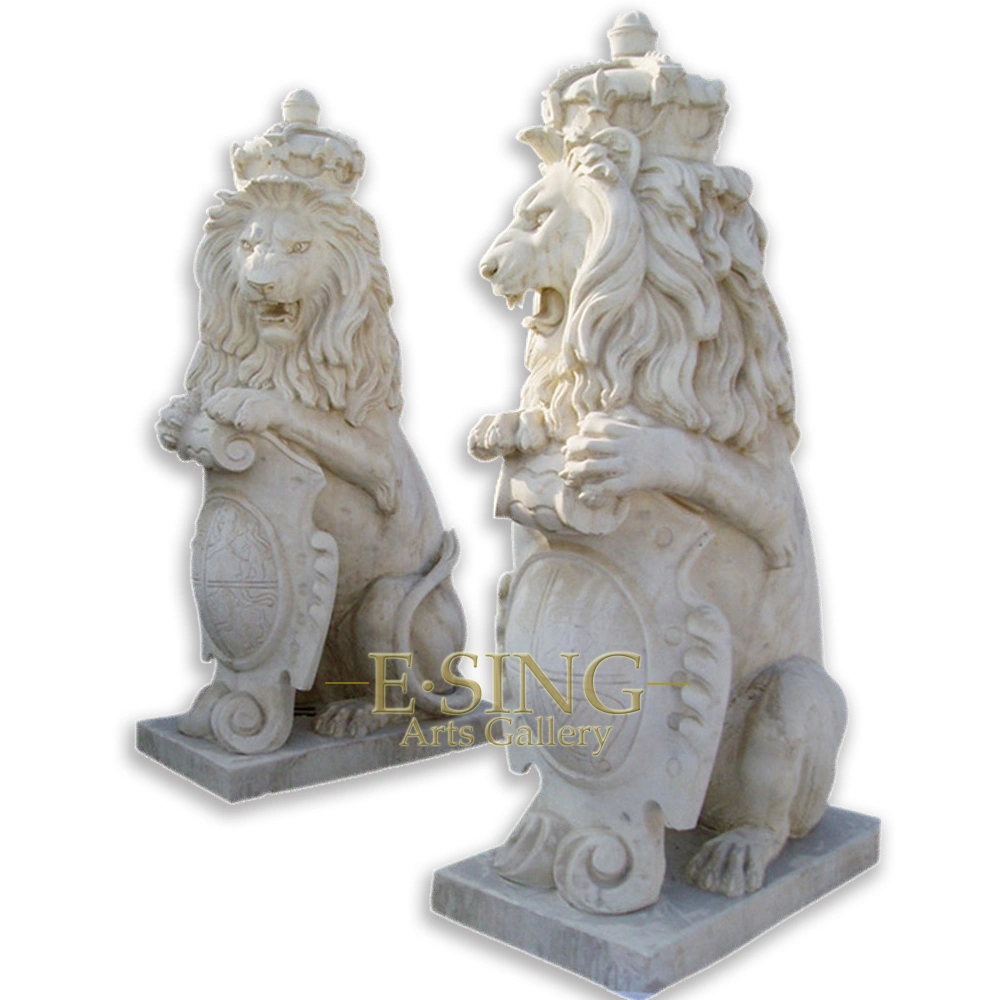 New Products Garden Decorative Hand Carved Marble Lion with Cap and Shield