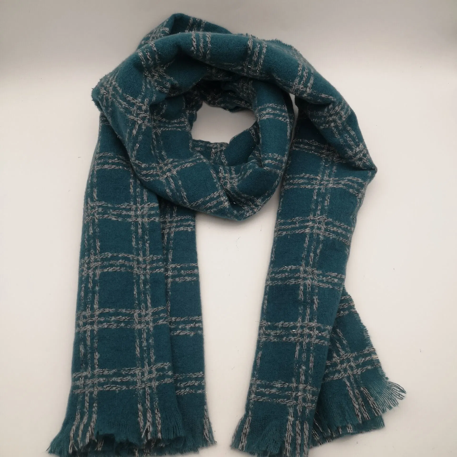 Women's Fashion Green Checked Winter Warm Woven Scarf with Whiskers