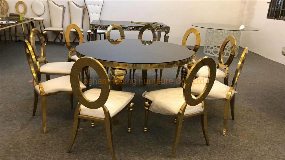 Living Room Furniture Outdoor Table Marble Top 1+6 Set White Round Stainless Steel Dining Table Set with Leather Chair for Wedding Banquet