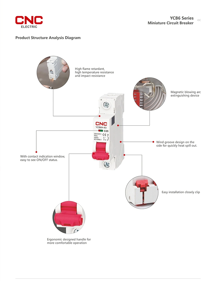 Ycb6h-63 4.5ka Protecção contra sobrecarga eléctrica de baixa tensão Protecção contra curto-circuito 1 ~ 63A MCB, disjuntor miniatura com certificado CE e Inmetro