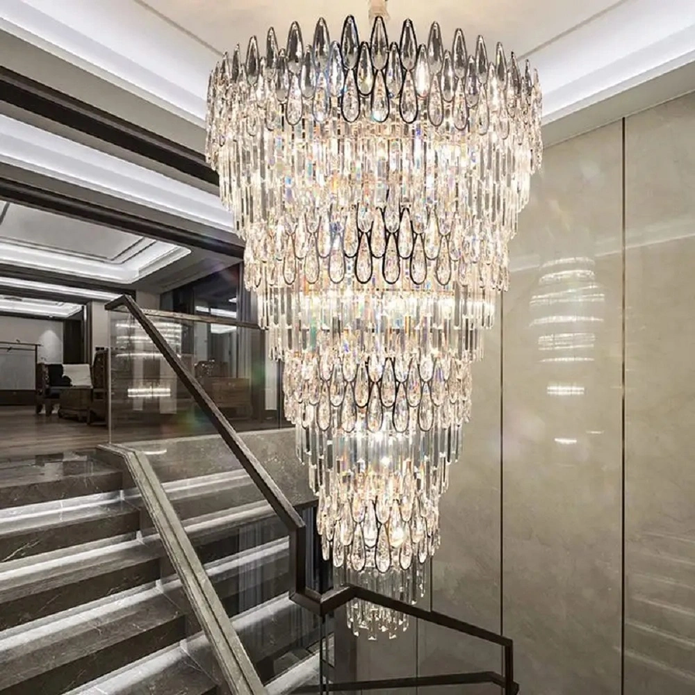 Escalera de lujo Long Chandelier Hotel de lujo moderno Living Room Lighting Y circuitos Diseño Cristal con fuente de luz LED atenuable
