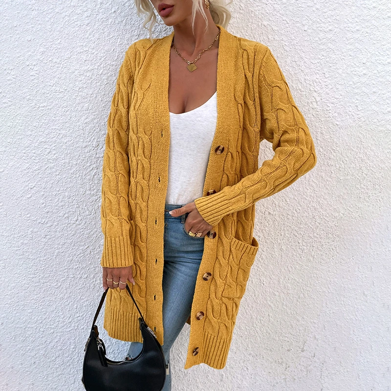 2023 Solid Cable Knit V Neck Button Through Women's MIDI Cardigan