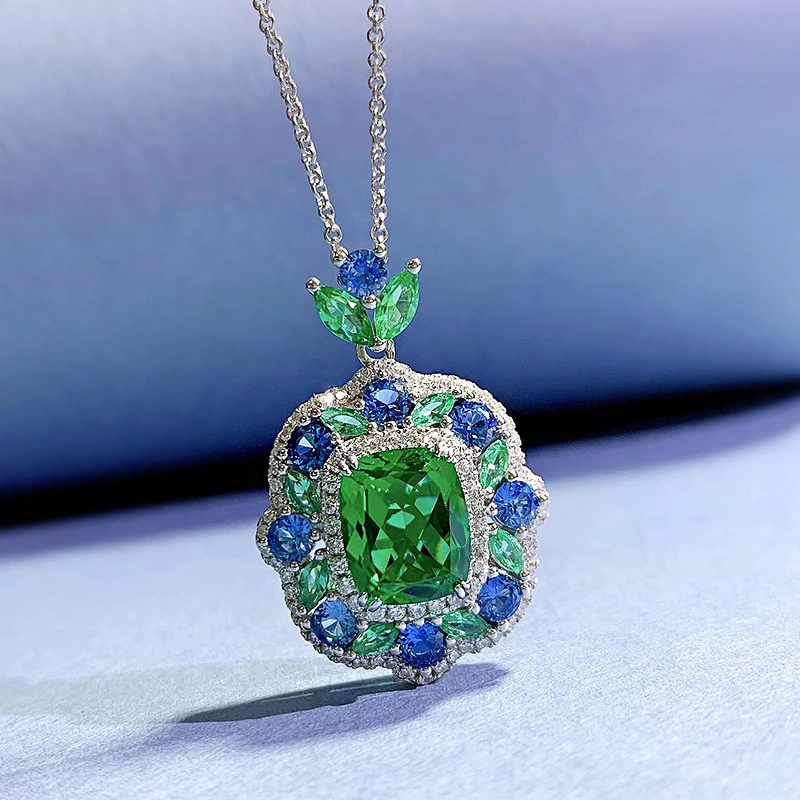 DiamondX Green Tourmaline Colorful CZ Cluster Setting Pendant Necklace