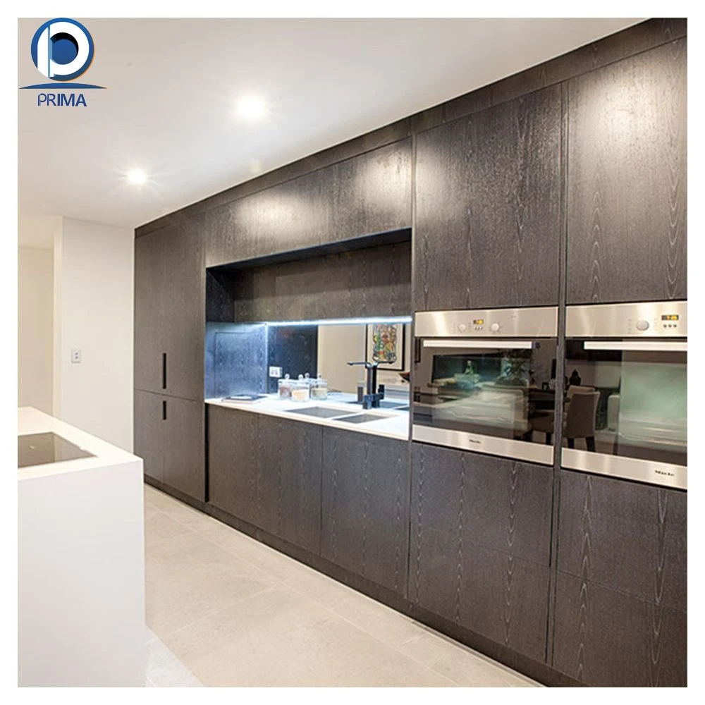 Prima Cupboard Design Laminado MDF Gris brillante moderno barato modular Tire hacia abajo de PVC pequeño forma L armarios de agitador blanco personalizado Cocina italiana inteligente Cabina