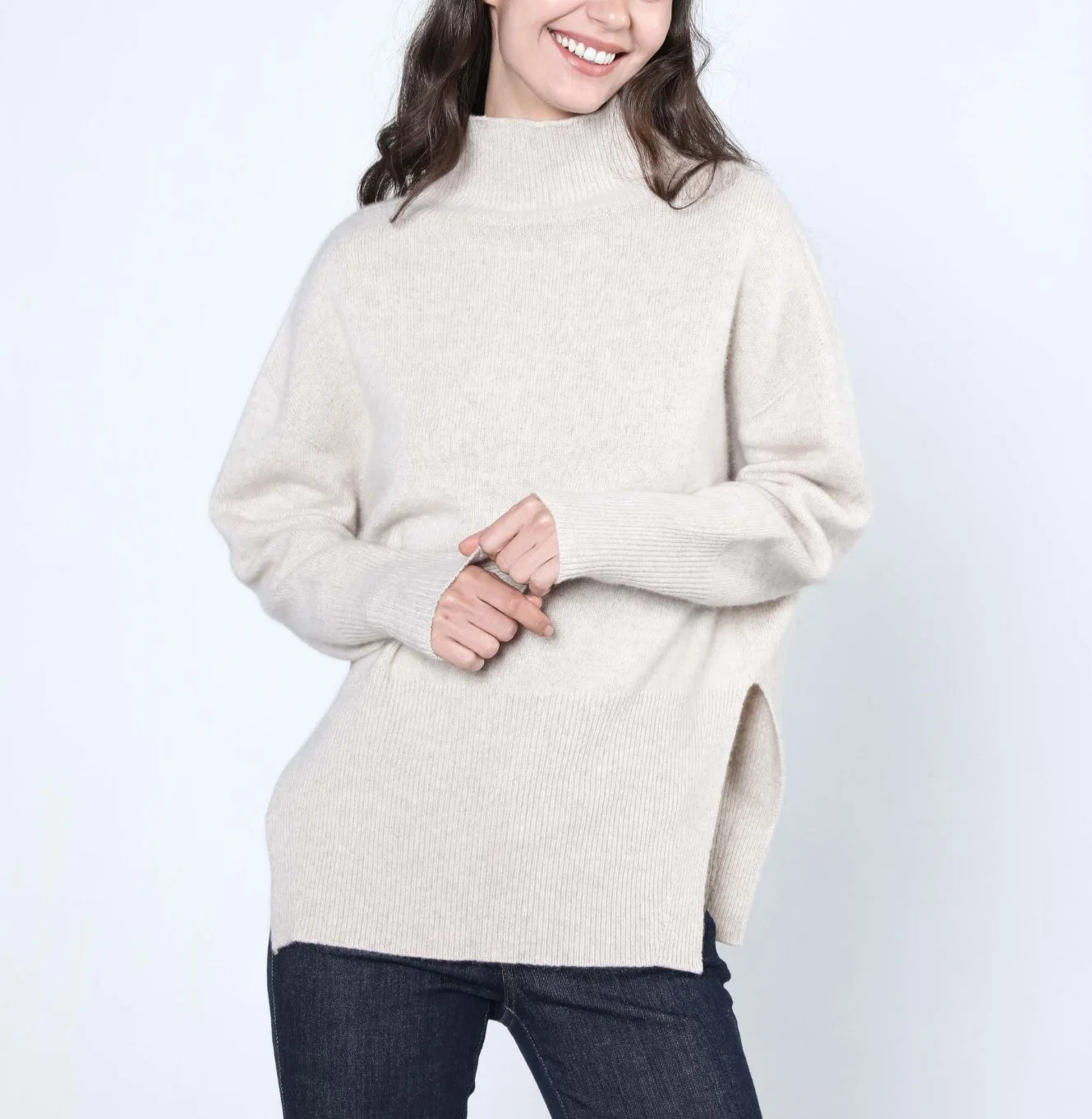 Fenda longa Senhoras fashion Turtleneck Cashmere Pulôver suéter