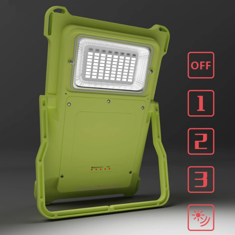 Lampe de camping solaire LED à couleur variable avec réglage de l'intensité, utilisée en extérieur.