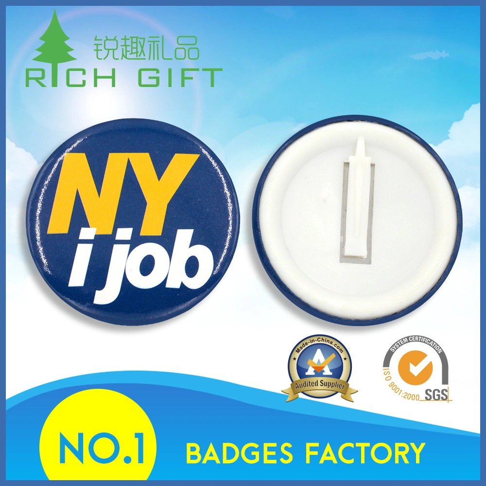 The Most Popular Plastic Tin Button Pin Metal Tinplate Badge Name with Ny Printed in Reflective Blue