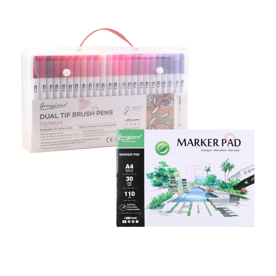 Dual Tip Brush Pens and A4 Size 30 Sheets 110GSM Mark Pad for Art Painting