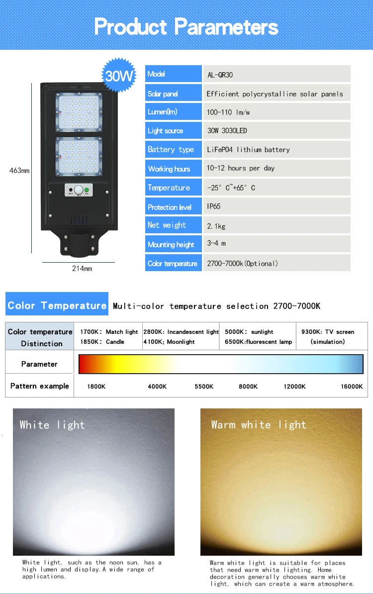 تصميم جديد SMD Garden IP65 بقوة 30 واط مع 60 واط للكل الخارجي المتكامل في واحدة من منتجات تخفيضات الطاقة الشمسية الخفيفة في الشوارع