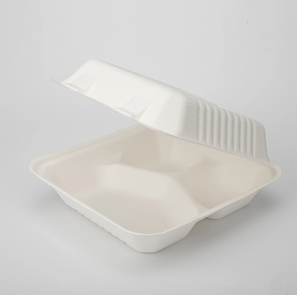 Biologisch Abbaubare 3 Fach Bagasse Food Container Zuckerrohr Food Box Zum Mittagessen Bagasse Secure Deckel Falten Lebensmittel-Box gehen