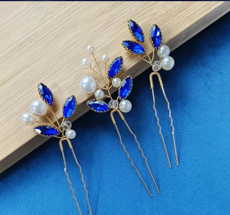 Blue Stone Hair Pin Hair Stick. Bridal Wedding Pearl Hair Pin Hair Stick.