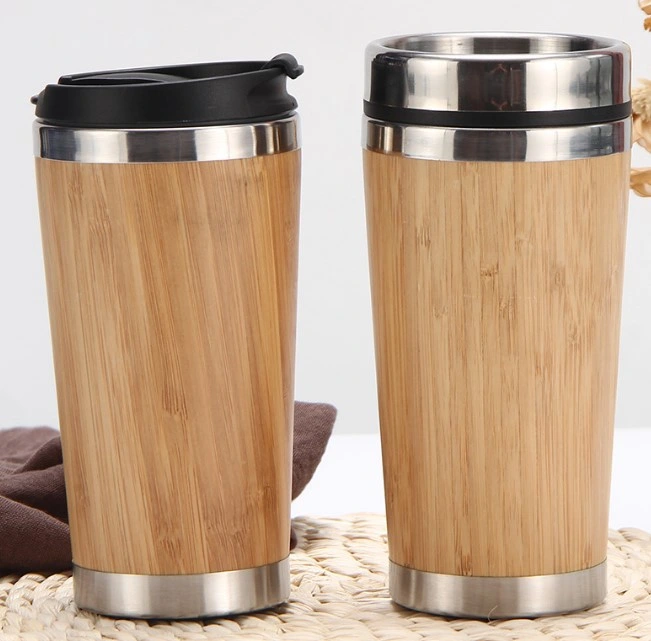 Customized Insulated Bamboo Cup Stainless Steel Double Wall Water Bottle with Lid