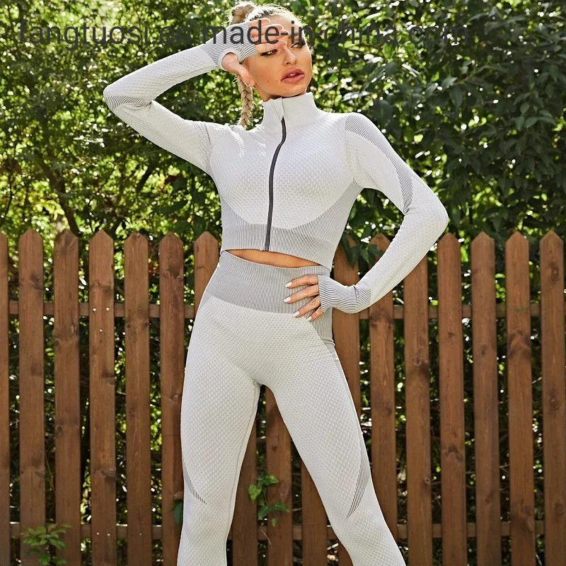 Custom Logo Long Sleeve Fluorescence Zip Crop Top Seamless Yoga Tracksuit Set Yoga Pants and Jacket Set Active Wear Womens