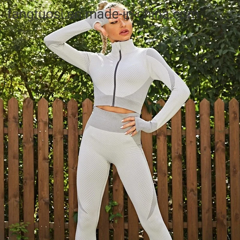 Custom Logo Langarm Fluoreszenz Reißverschluss Crop Top Nahtloses Yoga Trainingsanzug Set Yoga Hosen und Jacke Set Active Wear Damen