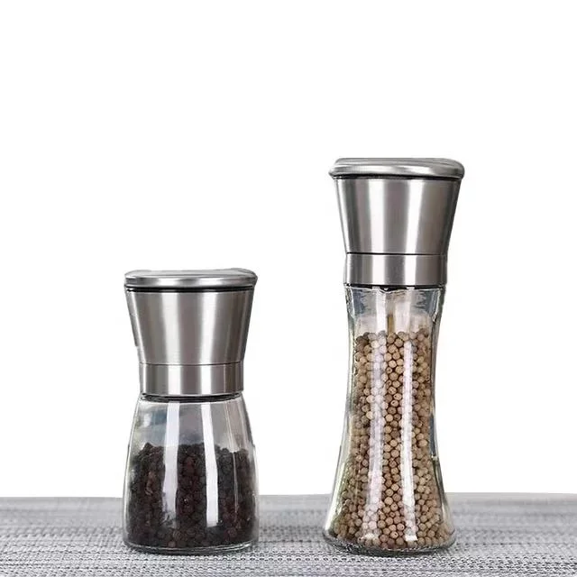 Venta al por mayor caliente ajustable Manual Pepper Mill botella de vidrio Cerámica Molienda de pimientos y sal de Chile de acero inoxidable Core