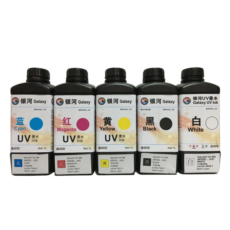 Galaxy UV Ink 5 Farbe C M Y K W 1000ml Galaxy UV Tinte für DX5 Druckkopf hergestellt in Japan Galaxy UV Siebdruckfarbe für Metalldruck UV Tintenstrahldrucker