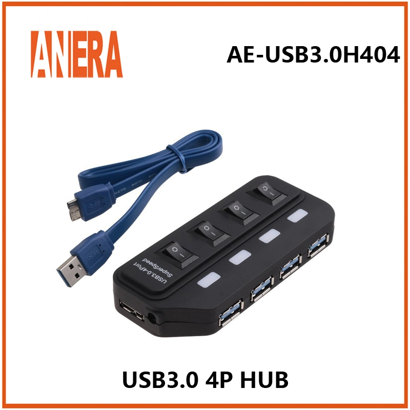 Anera Directa de Fábrica de 4 puertos USB3.0 Hub con interruptor individual de 5 Gbps compacto portátil con cable