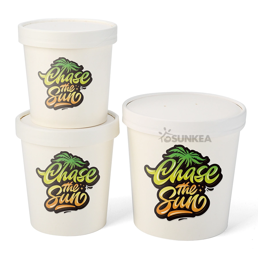 Custom Printed Biodegradable Paper Disposable Food Grade White Soup Tub with Lid