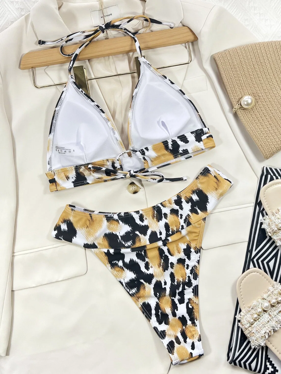 Swimwear Women Summer Beach Leopard Print V-Neck Sleeveless Lady Skinny Bra High Waist Bikini Set